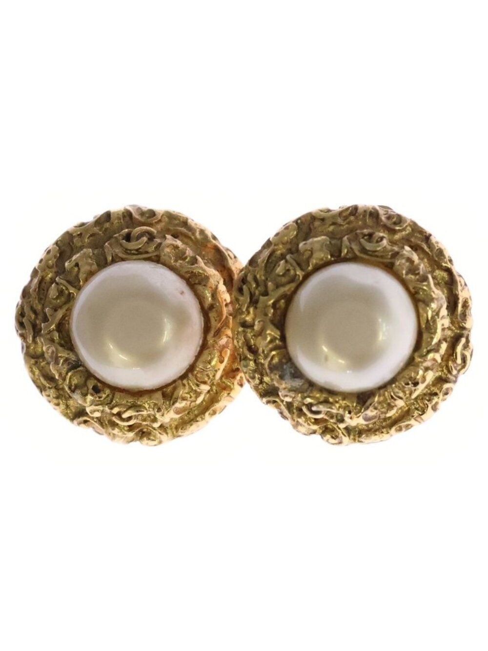 Chanel Faux Pearl Earrings Round Gold Plated